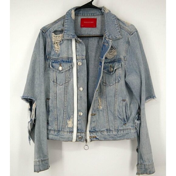 Signature Jackets & Blazers - NWT Signature Distressed Denim Jacket Blue Medium